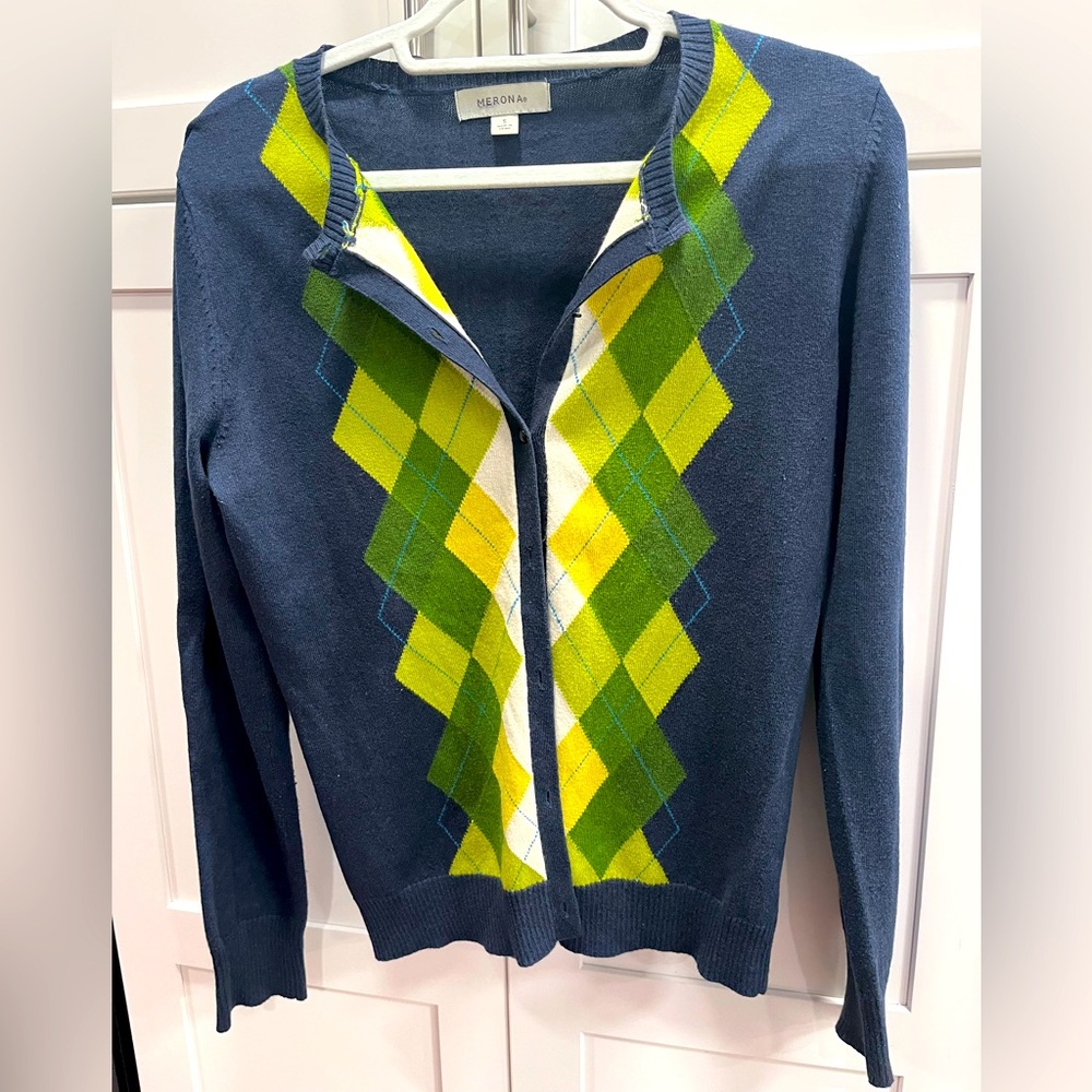 Merona blue w/ green argyle design, cardigan, Size Sm